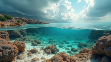 Fototapeta premium Split view of shallow coral reef underwater and tropical coastline above 