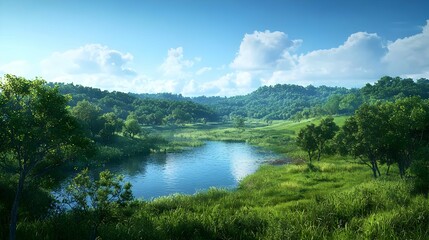 Serene Summer Landscape with Lush Green Hills and Calm Lake