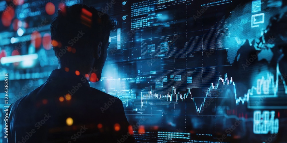 Poster Financial analyst examining economic indicators on a digital platform, with detailed line graphs and data points on a modern interface.