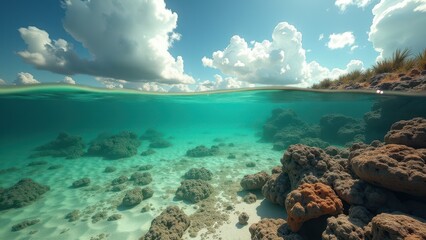 Fototapeta premium Split view of shallow coral reef underwater and tropical coastline above 