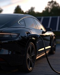 Naklejka premium A sleek, black electric car is plugged in, charging under a sunset, showcasing modern renewable energy technology and sustainable transportation.