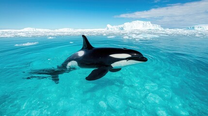 Fototapeta premium Orca swimming in turquoise water near icebergs