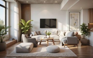 Fototapeta premium A serene and modern living room featuring cozy furnishings, plants, and natural light.