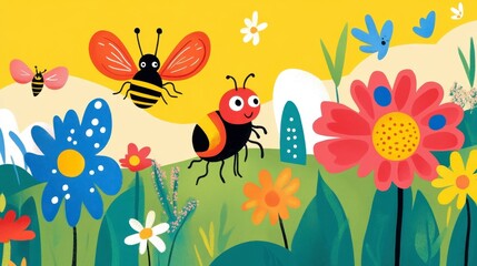 Fototapeta premium Colorful Cartoon Bees and Flowers in a Vibrant Garden Scene