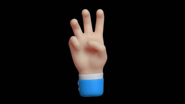 Seamless 4K loop of counting numbers three gesture in blue sleeve. 3D emoji cartoon animation render with alpha transparent background.