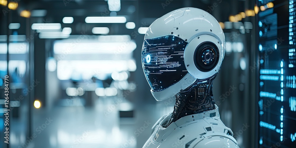 Poster Corporate environment showcasing tech innovation with professionals developing new AI applications in a modern office.