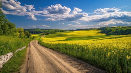 Obraz premium Rural road through yellow rapeseed field, sunny day, rolling hills, landscape photography