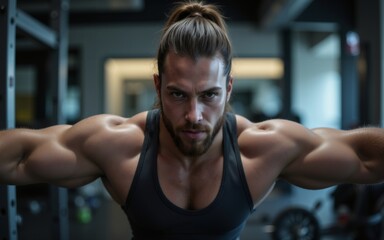 Fototapeta premium A focused male athlete showcasing strong musculature in a gym setting, embodying dedication and strength.