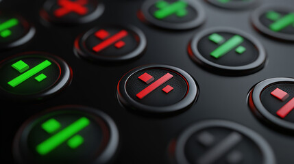 Obraz premium Check marks with tick and cross sign for icons of right and wrong choice. Red and green square buttons with symbols of correct, confirm, cancel and denied, 3d render illustration. 3D Illustration