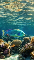 Fototapeta premium Parrotfish feeding delicately on coral in a clear tropical reef.