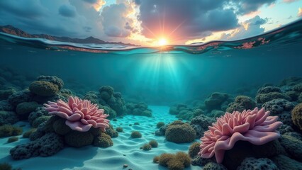 Naklejka premium Split view of coral reef underwater and ocean sunset with dramatic clouds 