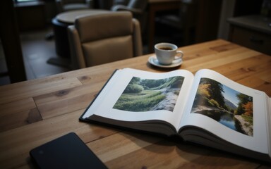 A cozy reading nook with an open photo book and a cup of coffee on a wooden table.