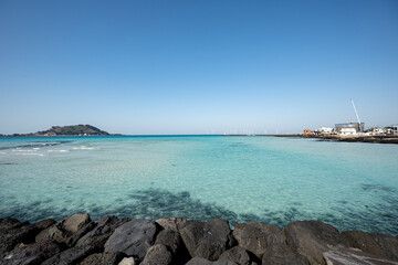하얀 모래사장 그리고 푸른 바다와 맑은하늘 제주 제주시 한림읍 협재리 협재해수욕장