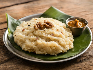 Authentic South Indian Oat Pongal with Rice and Nuts served on a Banana Leaf