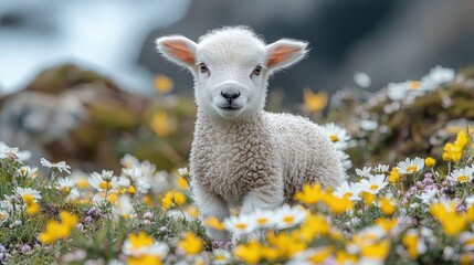 Obraz premium A cute lamb stands amidst a vibrant field of wildflowers by the ocean, capturing spring's essence