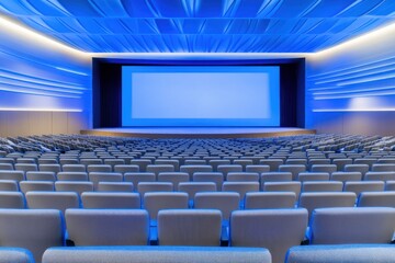 Naklejka premium Elegant corporate conference setup featuring panel discussion with bright stage lighting, large presentation screen, and organized seating arrangement