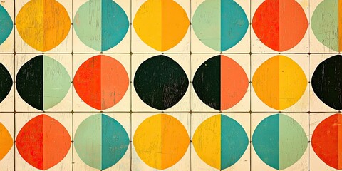 High-resolution shot of vintage geometric patterns with bold colors and repeating shapes, ideal for nostalgic retro designs.