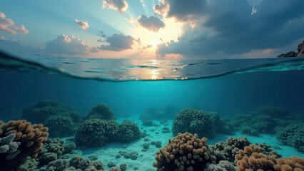 Obraz premium Split view of coral reef underwater and ocean sunset with dramatic clouds 