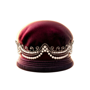Luxurious Maroon Velvet Hat with Pearl and Silver Crown Detail