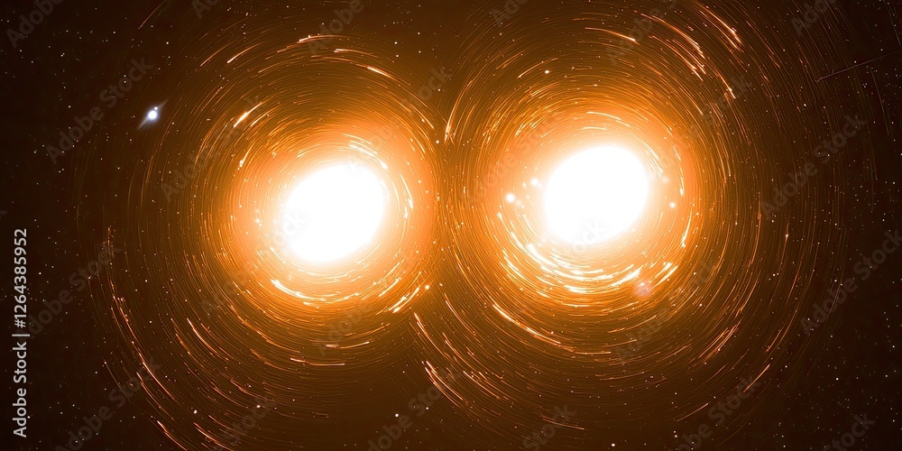 Poster a binary star system, with both stars orbiting their common center of mass, showing the interaction of massive bodies.