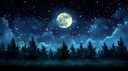 Fototapeta premium Enchanted Moonlight Forest Night Sky Celestial Wonderscape Starry Night Tranquil Nature Scene