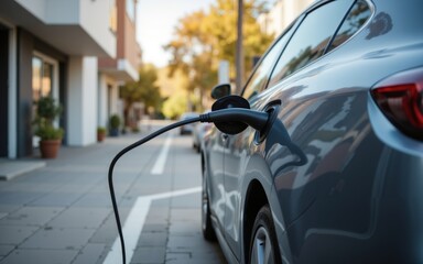 A sleek electric vehicle charging at a modern urban location, showcasing sustainability and innovation.