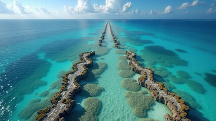 Obraz premium Aerial view of coral reef formations in clear turquoise tropical ocean 