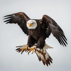 A powerful bald eagle with sharp eyes and wings partially spread, standing on a white background.