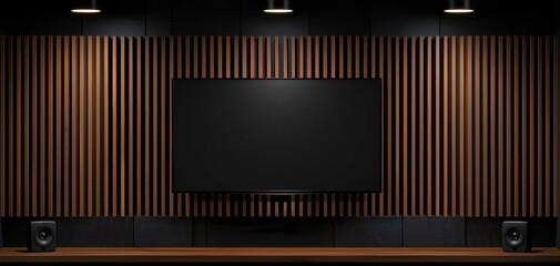 Modern interior featuring a large screen and wooden paneling.