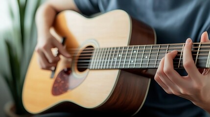 Fototapeta premium Indoor activities for mental health concept. Person playing an acoustic guitar indoors with plants in the background.