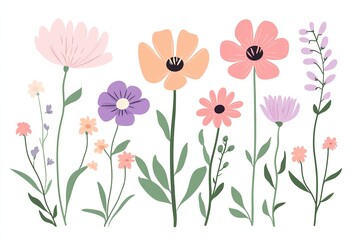 Naklejka premium Collection of spring colorful flower elements vector. Set floral of wildflower, leaf branch, foliage on white background. Hand drawn blossom illustration for decor, easter, sticker, clipart, print.