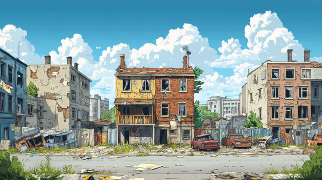 Poor dirty houses in ghetto area. Vector cartoon cityscape with slum buildings, shacks in cheap neighborhood. Shantytown street with old houses, broken car and trash