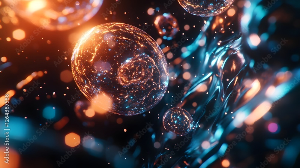 Aufkleber Mesmerizing Glowing Orb Fractal Backdrop with Ethereal Cosmic Energy and Dazzling Luminous Patterns  Vibrant and dynamic abstract digital art with swirling shimmering particles creating a futuristic