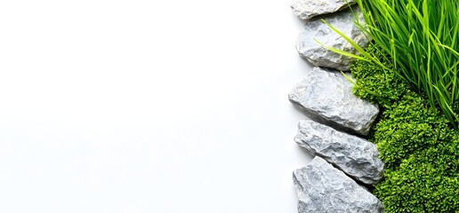 Natural Stones and Grass Border on White Background for Design Use