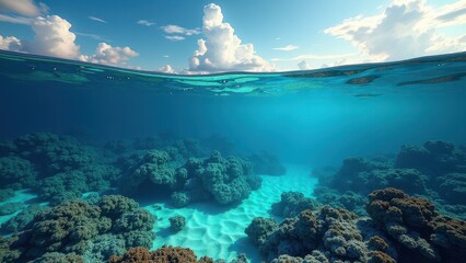 Fototapeta premium Split view of coral reef underwater and tropical ocean with clear water 