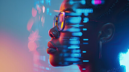 Digital Woman: A stylized portrait of a woman in profile, her face overlaid with vibrant streams of digital data, creating a captivating image that blends human essence with technological advancement.
