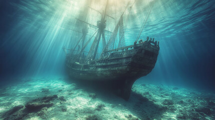 Wreck pirate ship, sunken filibuster vessel, wooden boat with jolly roger flag on ocean sandy bottom with sun beams falling from above, underwater world pc game background. Cartoon vector illustration