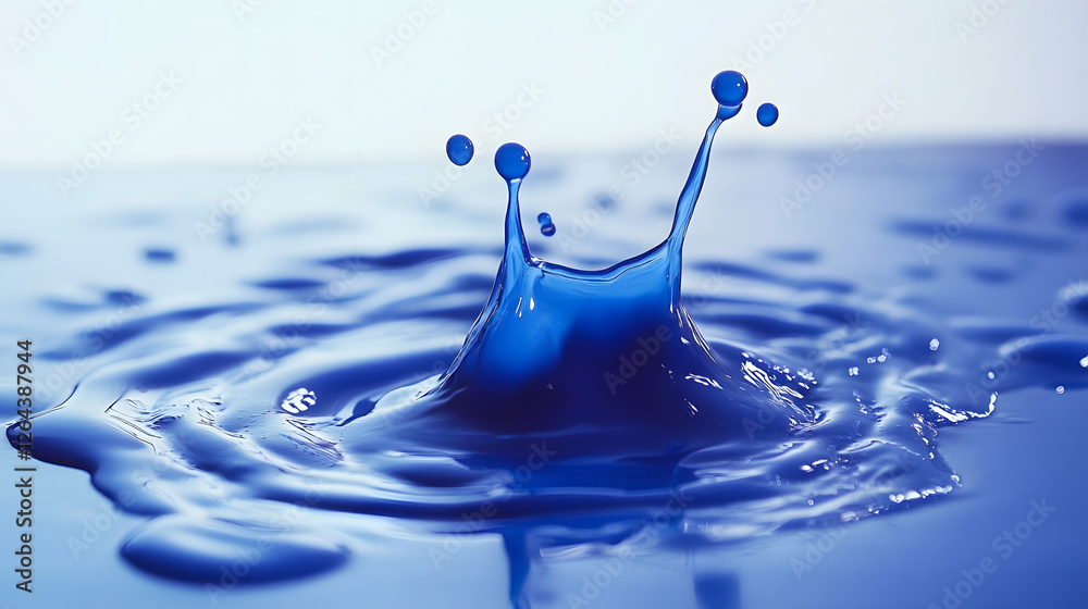 Aufkleber Mesmerizing image of a single blue water droplet creating a dynamic splash on a tranquil reflective surface  The droplet s impact generates a captivating pattern of ripples and bubbles