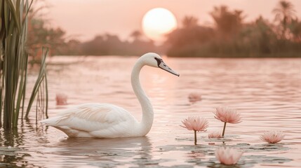Fototapeta premium Serene Sunset Swan on Calm Water Lily Pad Lake Peaceful Nature Scene