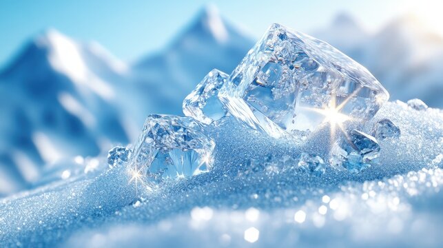 Close-up of sparkling ice cubes resting on glistening snow with a mountain backdrop in bright sunlight