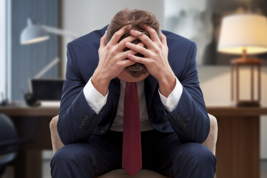 A deflated businessman slumped on a chair, visually conveying burnout and exhaustion