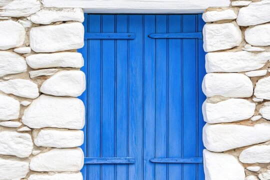 Charming Mediterranean-style blue door framed by rustic stone walls, showcasing weathered details and inviting character in a coastal setting