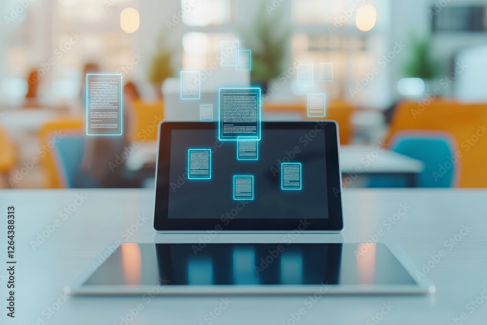 Poster ai-driven learning concept. modern tablet displaying digital documents in a bright workspace environ