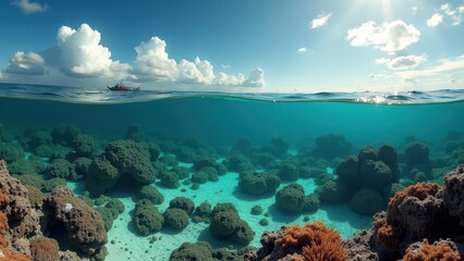 Split view of coral reef underwater and tropical beach with clear water	