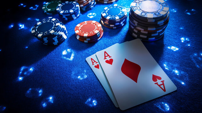 Poker background with neon chip and ace bet vector illustration. Casino led roulette concept on blue playing fabric design top view. Playing online blackjack glow holdem internet banner layout.