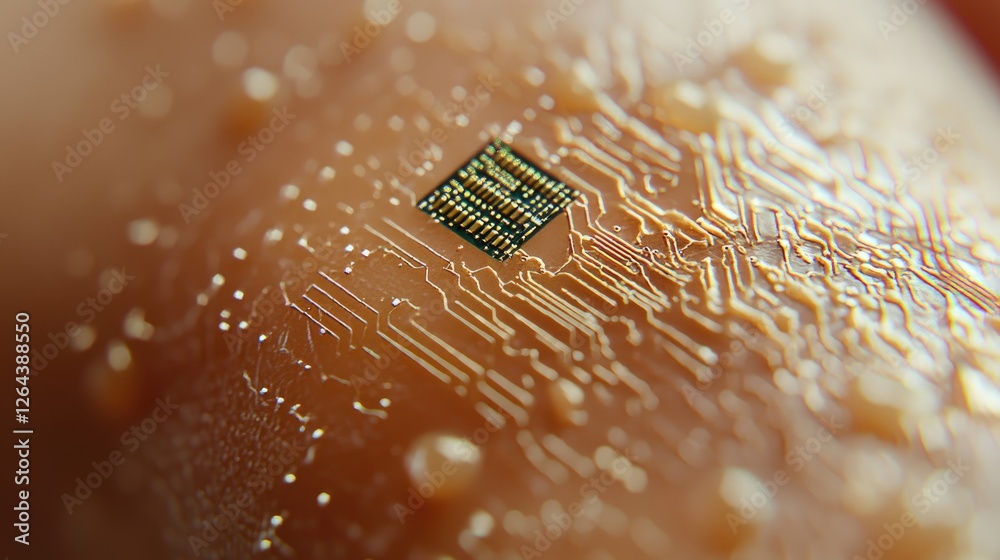 Poster Macro shot of a microchip implant embedded in synthetic skin, illustrating advanced bioengineering and the future of human augmentation.