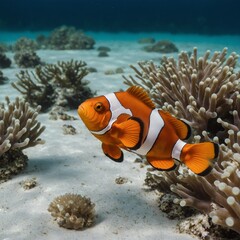 A bright orange clownfish with white stripes swimming in an invisible ocean against a white background.