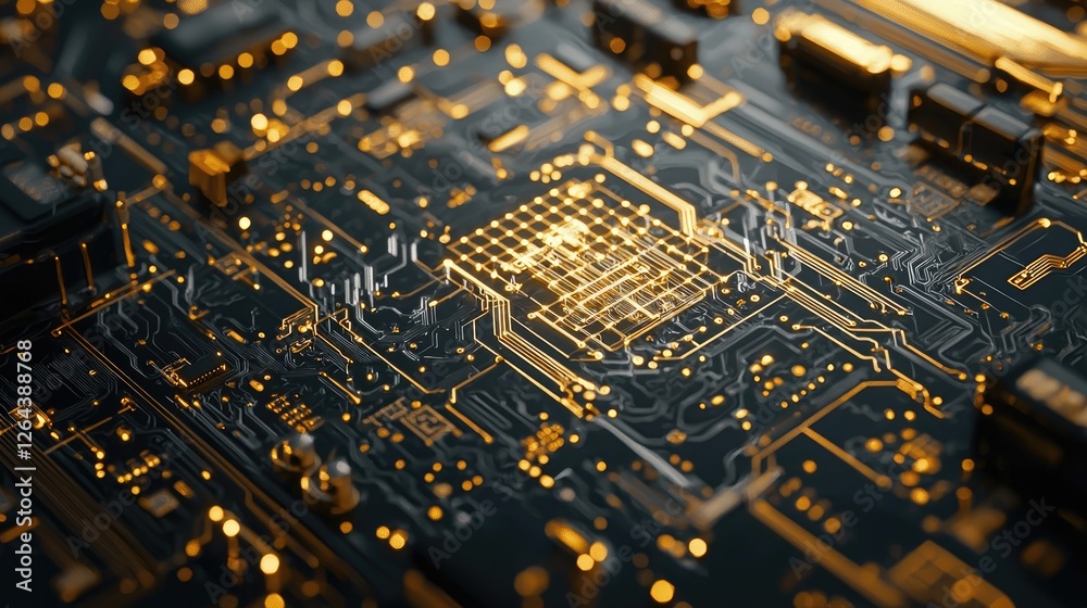 Aufkleber a quantum computer chip featuring intricate designs and golden contacts, illustrating the power of f