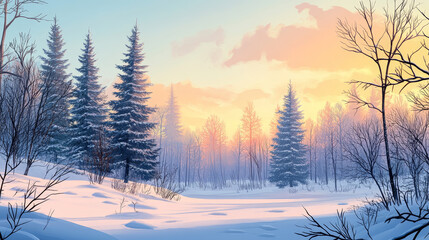 Obraz premium Winter landscape with bare trees, white snow on field and conifers. Vector cartoon illustration of forest, natural park or countryside scene with coniferous trees