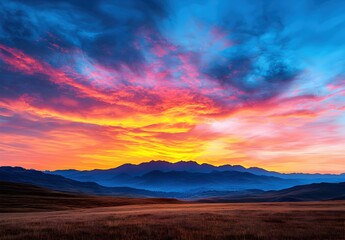 Vibrant Sunrise Over Mountain Landscape in Dramatic Color Palette